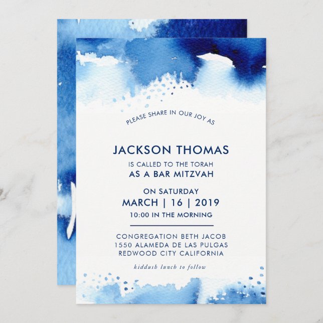 BAR MITZVAH simple stylish blue watercolor invite (Front/Back)