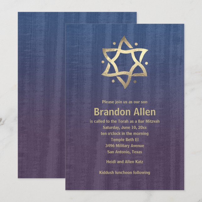 Bar Mitzvah Stained Wood Blue Plum Gold Star Invitation (Front/Back)