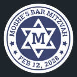 Bar mitzvah Star of David blue any colour monogram Classic Round Sticker<br><div class="desc">Bar mitzvah sticker featuring a white Star of David with the boy's monogram initial,  and name and date around the star. The default colours are white and dark blue but all colours are fully customisable in the design tool.</div>