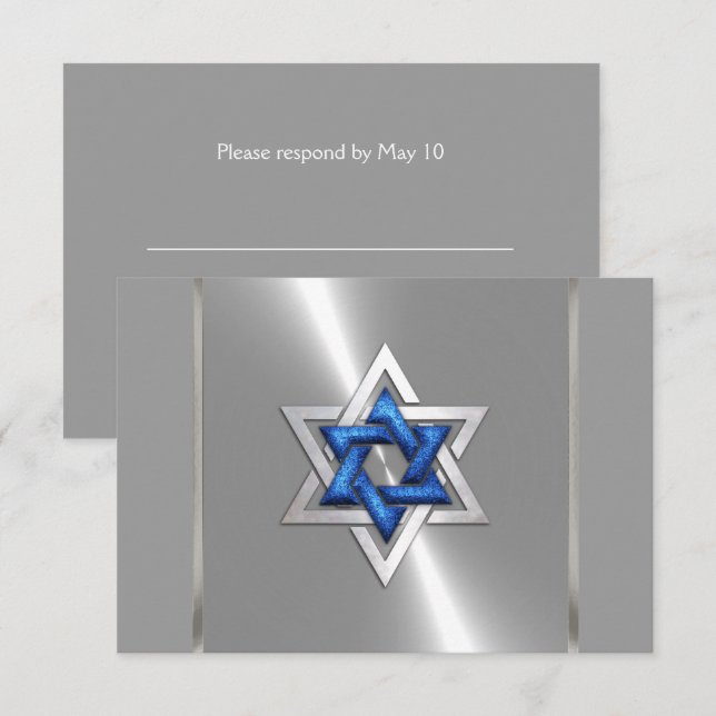 Bar Mitzvah Star of David Blue & Silver RSVP Card (Front/Back)
