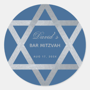 Bar Mitzvah Star of David Classic Blue Faux Silver Round Sticker