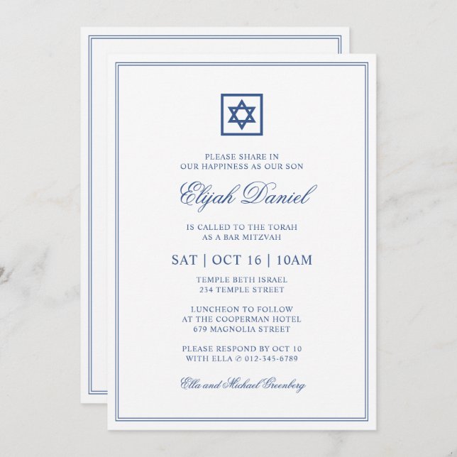 Bar Mitzvah Star of David Elegant Classic Blue Invitation (Front/Back)