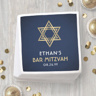 Bar Mitzvah Star of David Navy Blue White and Gold Napkin
