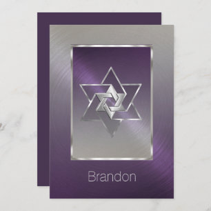 Bar Mitzvah Star of David Plum Silver Invitation