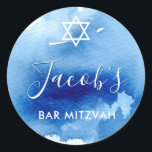 BAR MITZVAH star smart blue watercolor invite Classic Round Sticker<br><div class="desc">by kat massard >>> WWW.SIMPLYSWEETPAPERIE.COM <<<</div>