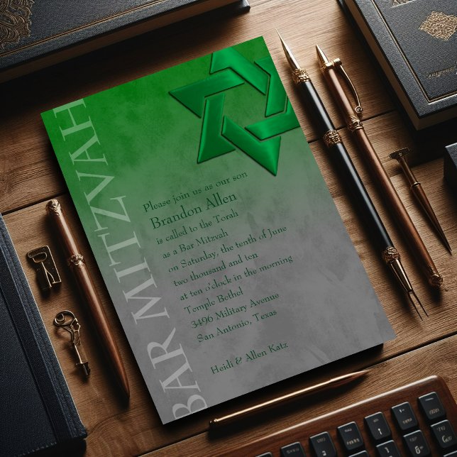 Bar Mitzvah Stylish Green Star of David Ombre Invitation (Creator Uploaded)