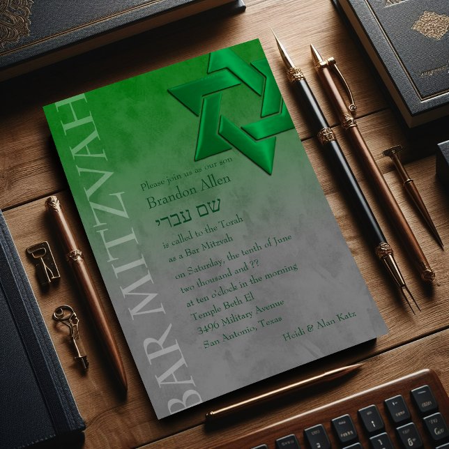 Bar Mitzvah Stylish Green Star of David Ombre Invitation (Creator Uploaded)