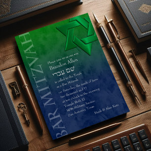 Bar Mitzvah Stylish Green Star of David Ombre Invitation