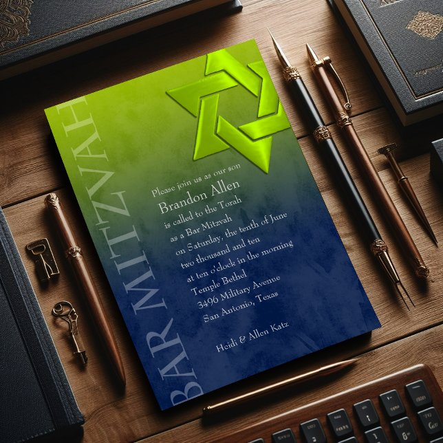 Bar Mitzvah Stylish Lime Green Star of David Ombre Invitation (Creator Uploaded)