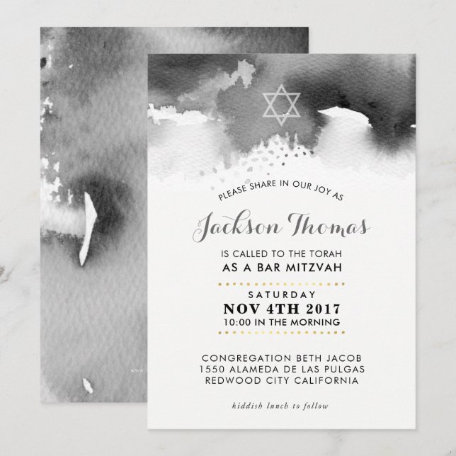 BAR MITZVAH stylish moody grey watercolor invite (Front/Back)