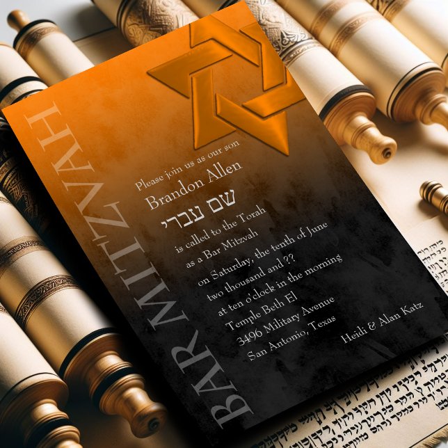 Bar Mitzvah Stylish Orange Star of David Ombre Invitation (Creator Uploaded)