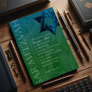 Bar Mitzvah Stylish Teal Blue Star of David Ombre Invitation
