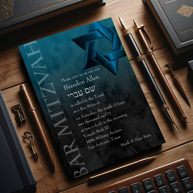 Bar Mitzvah Stylish Teal Blue Star of David Ombre Invitation (Creator Uploaded)
