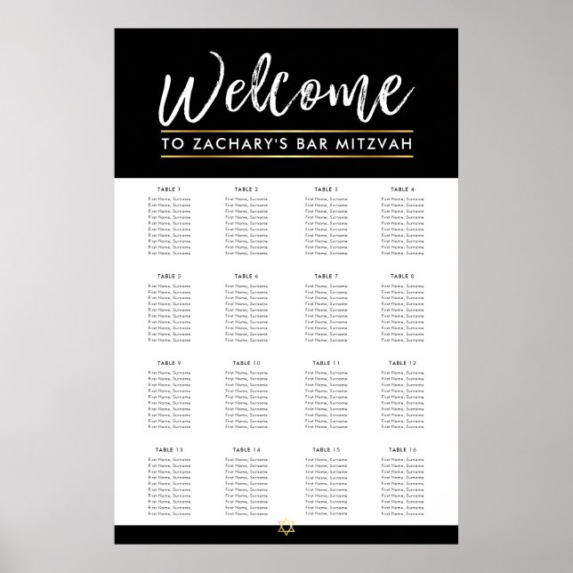 BAR MITZVAH TABLE PLAN 16 tables  modern black Poster (Front)