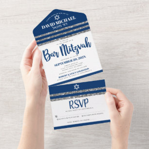 Bar Mitzvah Tallit Navy Blue Script Simple Modern All In One Invitation