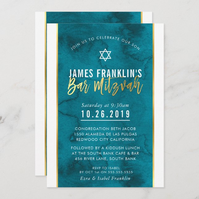 BAR MITZVAH teal blue watercolor gold script Invitation (Front/Back)