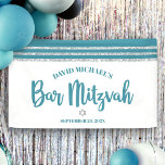 Bar Mitzvah Teal Silver Tallit Bold Script Modern Banner<br><div class="desc">Be proud, rejoice and showcase this milestone of your favorite Bar Mitzvah! Hang up this cool, unique, modern, personalized banner to add to his special day. Bold, dusty teal blue green script typography, a silver Star of David and a dusty teal blue green and silver glitter striped tallit inspired graphic...</div>
