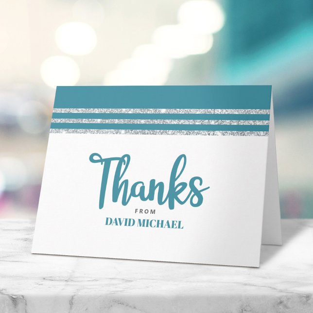 Bar Mitzvah Teal Silver Tallit Script Modern Bold Thank You Card (Creator Uploaded)