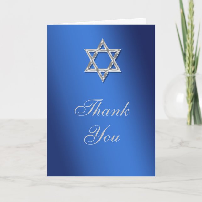 Bar mitzvah thank you blue silver card (Front)