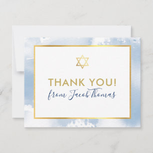 BAR MITZVAH thank you gold star blue watercolor Card