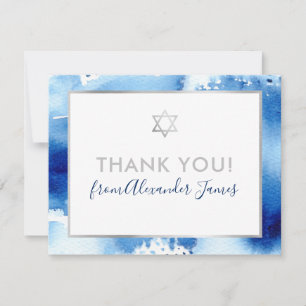 BAR MITZVAH thank you silver star blue watercolor Card