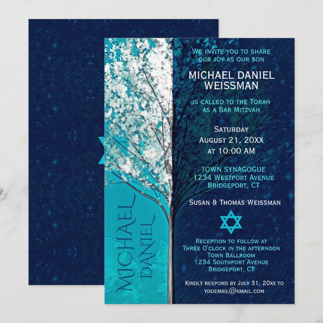 Bar Mitzvah Tree of Life w/ Stars Invitation (Front/Back)