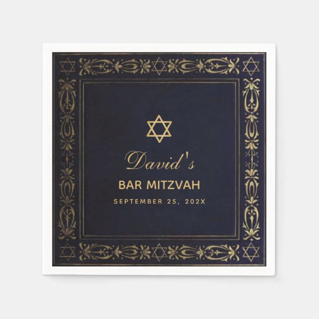 Bar Mitzvah Vintage Elegant Navy Blue Gold Star Napkin (Front)