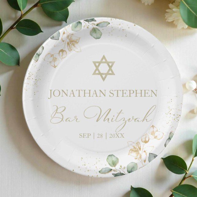 Bar Mitzvah Watercolor Paper Plates | Eucalyptus (Creator Uploaded)