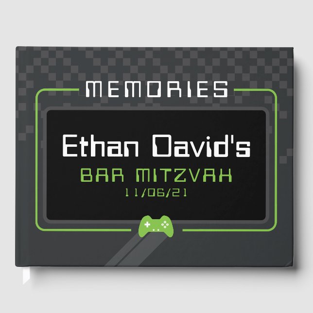BAR MITZVAH WELCOME gamer cool trendy green black Guest Book (Front)