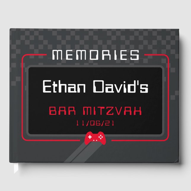 BAR MITZVAH WELCOME gamer cool trendy red black Guest Book (Front)