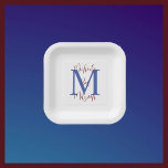 Bar Mitzvah White Blue Burgundy Name Monogram Paper Plate<br><div class="desc">What a wonderful,  personalised paper plate for a Jewish Bar Mitzvah Party Reception.  Background is white,  monogram is blue,  name is burgundy.  Choose square or round.  All Rights Reserved © 2024 Alan & Marcia Socolik.</div>