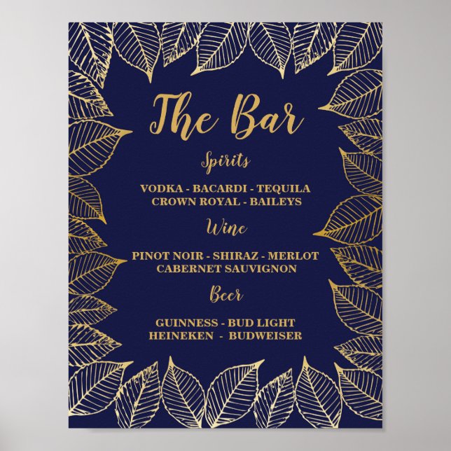 Bar Navy Gold Leaves Sign Wedding Reception (Front)