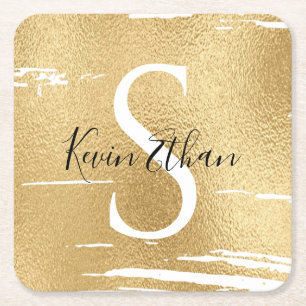 Bar or Bat Mitzvah Elegant Gold Black Square Paper Coaster