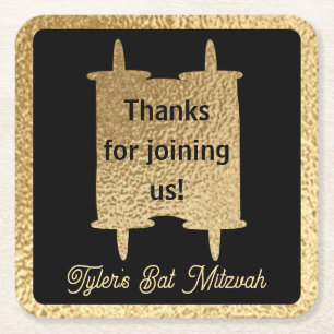 Bar or Bat Mitzvah Gold Torah Square Paper Coaster