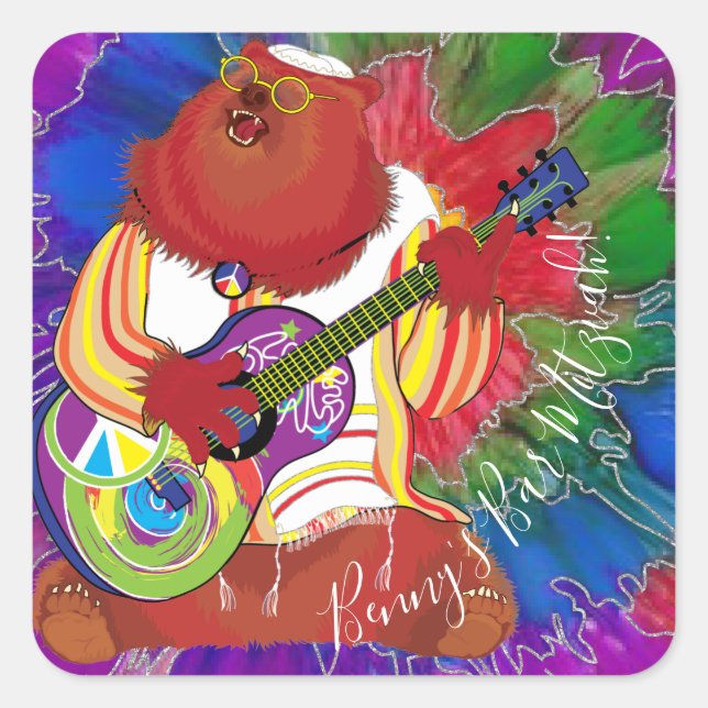 Bar or Bat Mitzvah Singing Bear Stickers Square (Front)