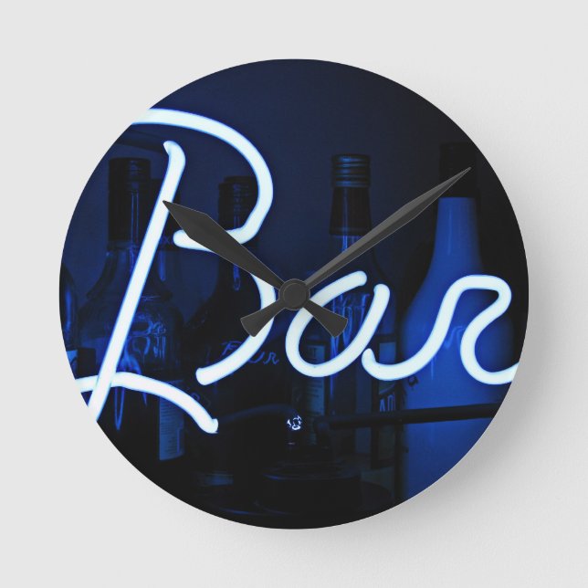 bar sign , cool blue lit neon light round clock (Front)