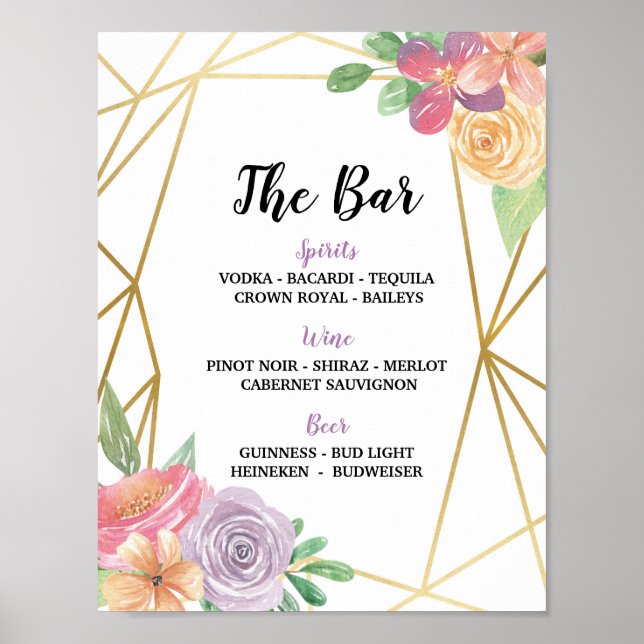 Bar Sign Floral Summer Wedding Reception Pink (Front)