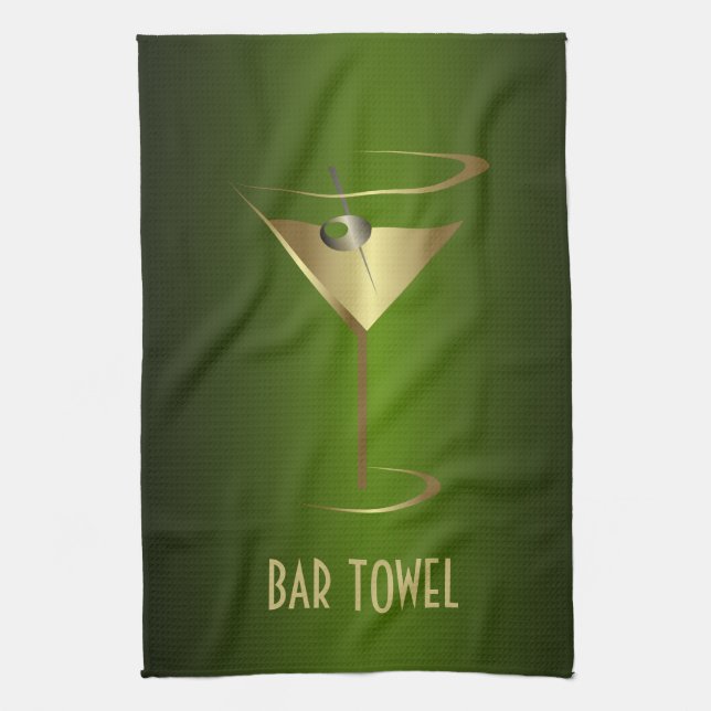 Bar Towel Green and Gold Martini Glass (Vertical)