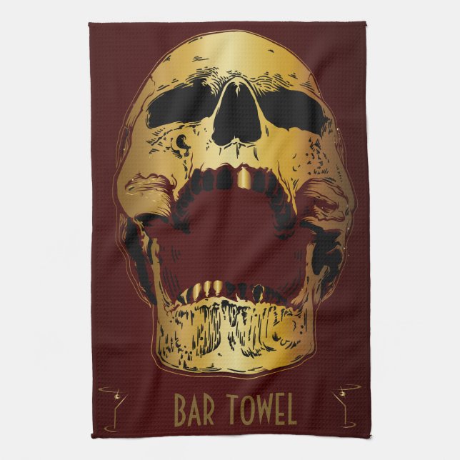 Bar Towel Martini Glass Gold Skull (Vertical)