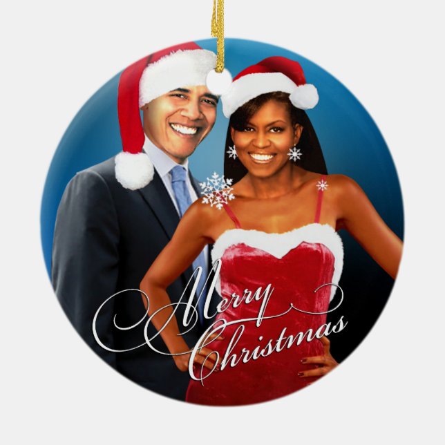 Barack and Michelle Santa Christmas Ceramic Ornament (Back)