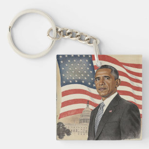 Barack Obama in front of American Flag and Capitol Key Ring