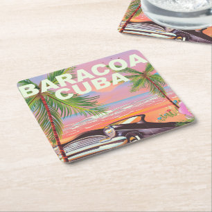 Baracoa Cuba auto travel poster Square Paper Coaster
