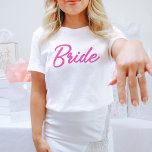 BARB Hot Pink Doll Themed Bride Babe Bachelorette T-Shirt<br><div class="desc">This bride bachelorette t shirt features a hot pink doll themed font with the word 'bride' Order the white bride option for the bride-to-be and the coordinating hot pink 'babe' shirts for your bachelorette group. Colours are editable! Click 'edit design' to create your own colours.</div>
