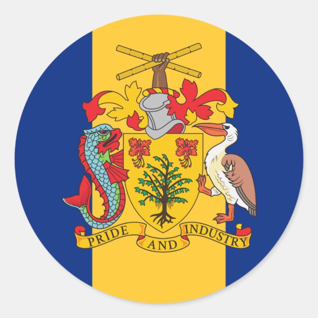 Barbadian Flag & Coat of Arms, Flag of Barbados Classic Round Sticker (Front)