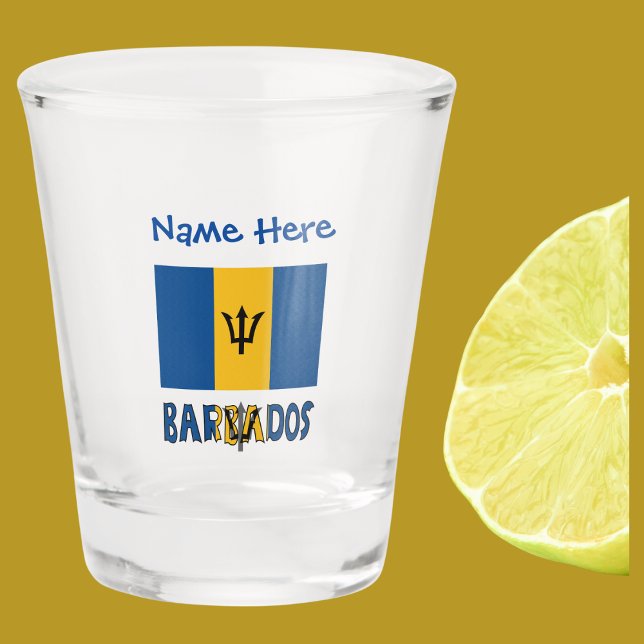 Barbados and Barbadian Flag Blue Personalisation  Shot Glass (Shot glass with Barbadian or Bajan Flag and the word BARBADOS below in flag colors. Add name above.)