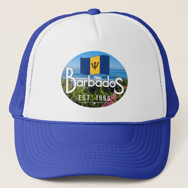 "Barbados Est. 1966" East Coast View With Flag Trucker Hat (Front)