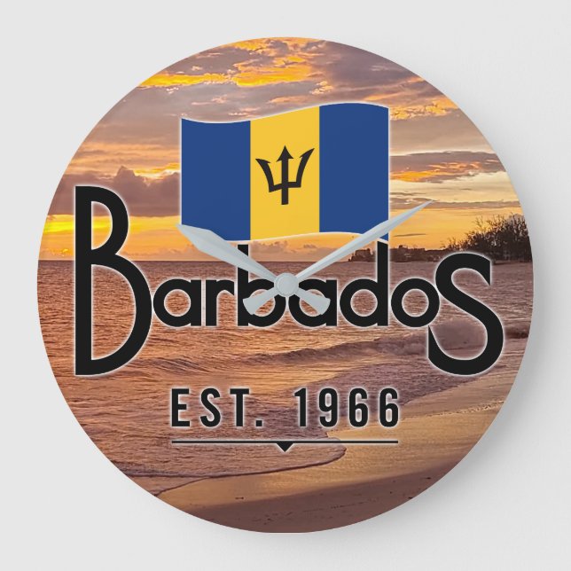 "Barbados Est. 1966" Sunset With Barbados Flag Large Clock (Front)