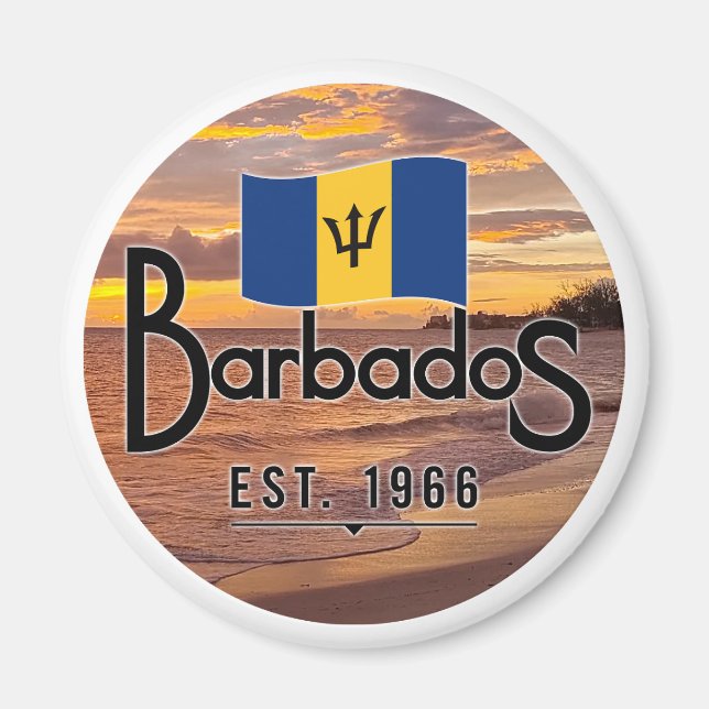 "Barbados Est. 1966" Sunset With Barbados Flag Magnet (Front)