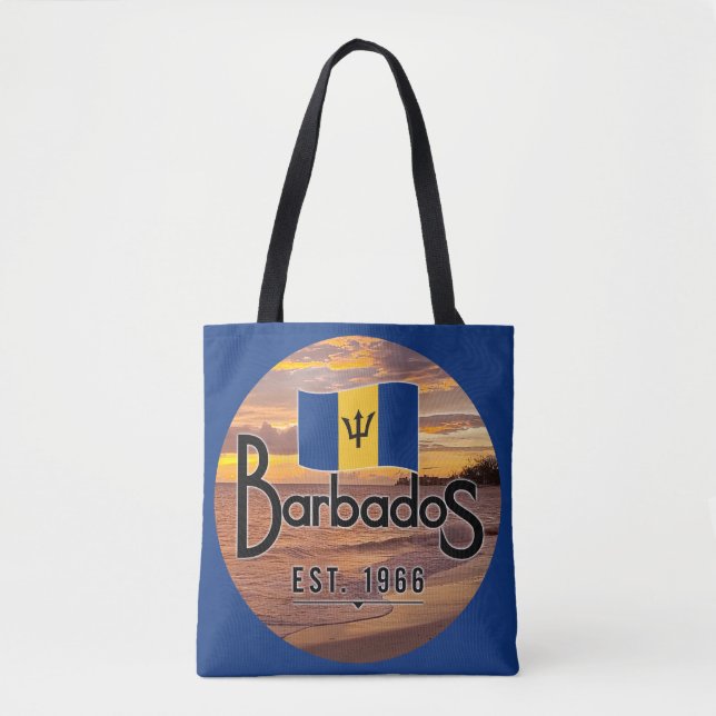 "Barbados Est. 1966" Sunset With Barbados Flag Tote Bag (Front)