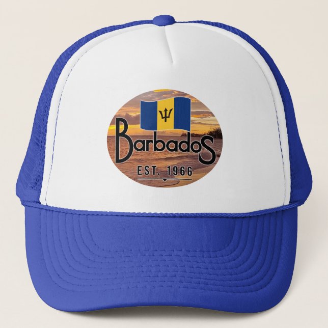 "Barbados Est. 1966" Sunset With Barbados Flag Trucker Hat (Front)